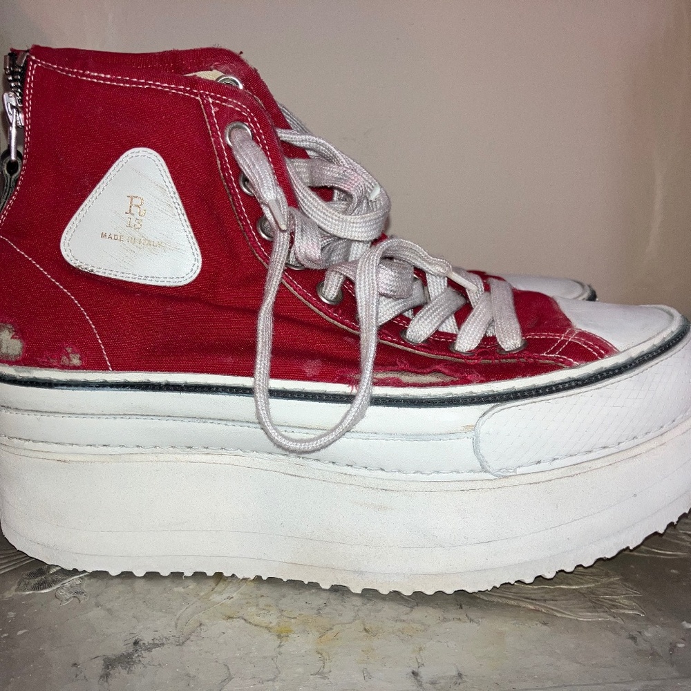 R13 Red distressed high top platform sneakers